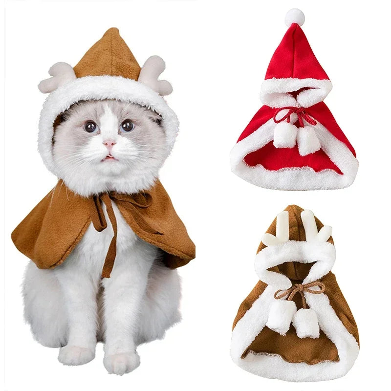 "Warm Christmas Costume for Pets – Santa Cape & Hat for Cats, Kittens & Small Dogs"